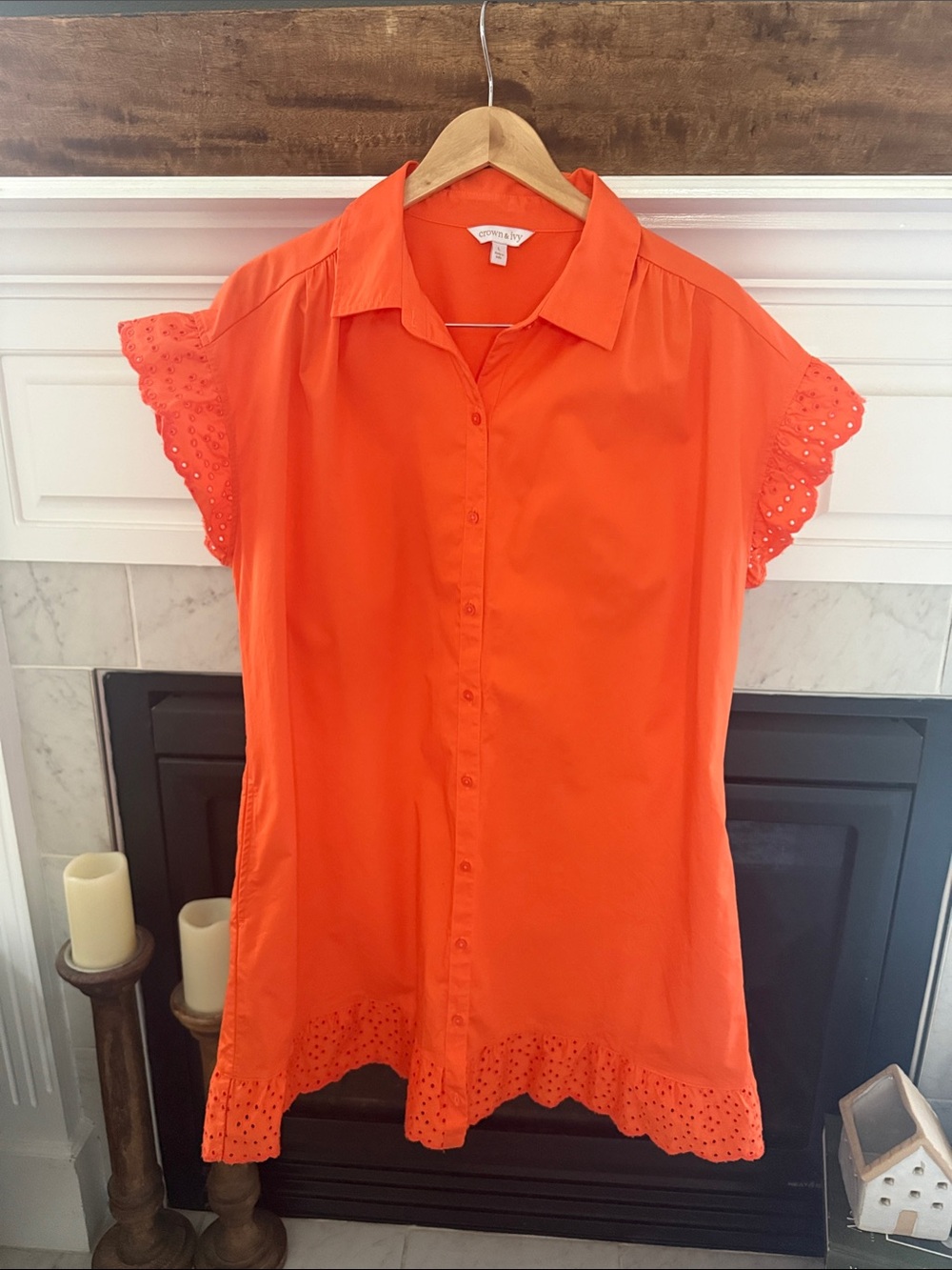 Crown & Ivy Orange Eyelet-Trim Button Front Dress - Size Large (Game Day)